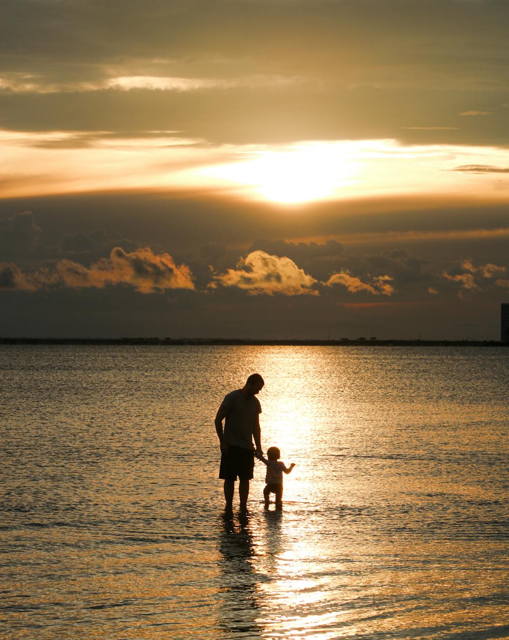 father with son in lake at golden hour