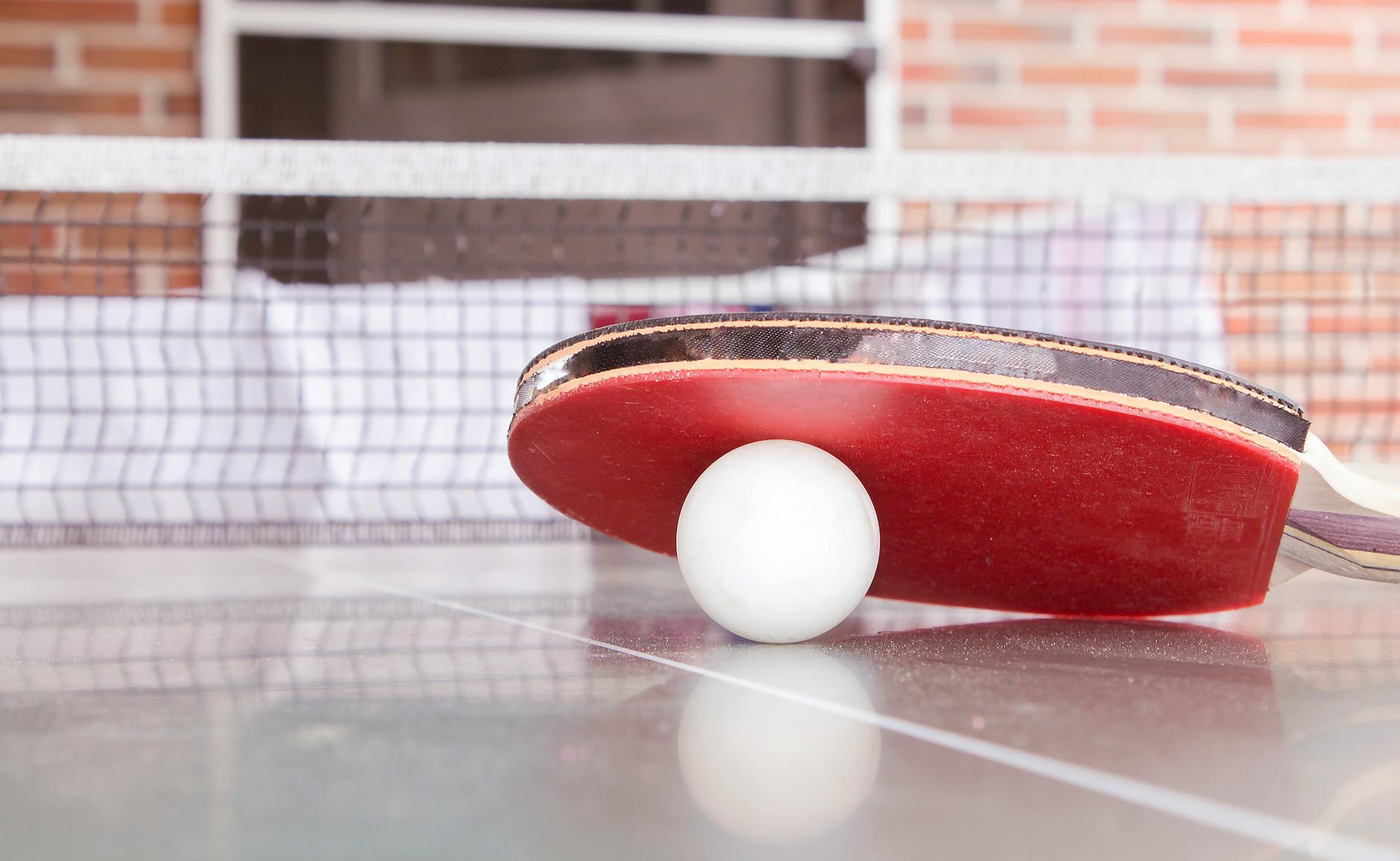 white pingpong ball beneath red table tennis paddle